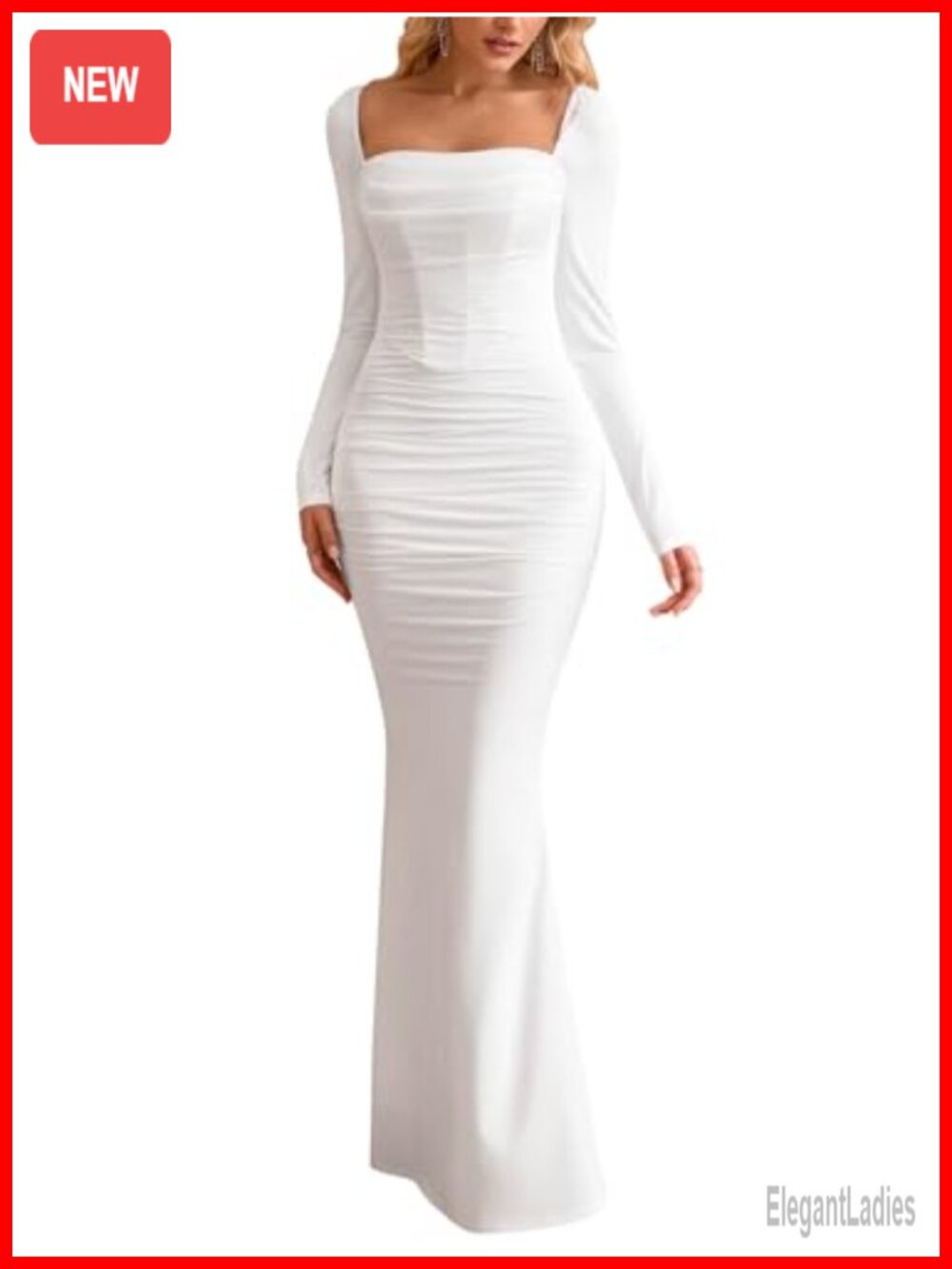 Corset Maxi Dress Long Sleeve Square Neck Ruched Bodycon Formal Wedding Guest